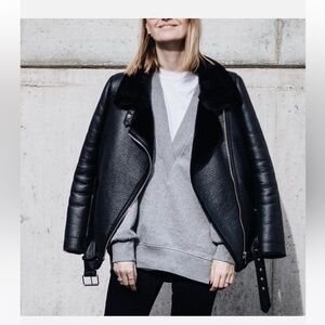 ZARA BLACK FAUX LEATHER SHEARLING FUR DOUBLE FACED BIKER JACKET AVIATOR